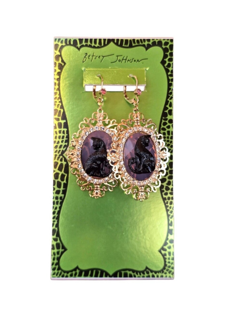 Betsey Johnson Halloween Black Cat Cameo Dangle Earrings